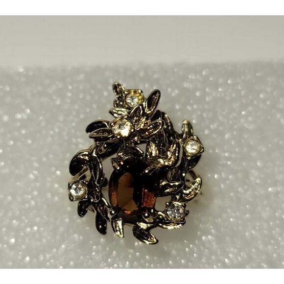 Vintage 18KT HGE Cocktail Ring Brown Oval Cut Glass Stone and Clear Glass Stones - Picture 7 of 11